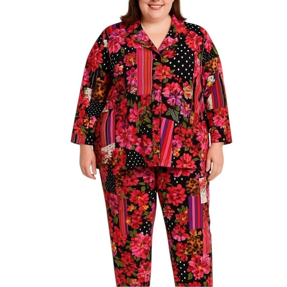 Attitudes 2 Piece Set Floral Patchwork Top Pants Plus Size 3X Bold Print